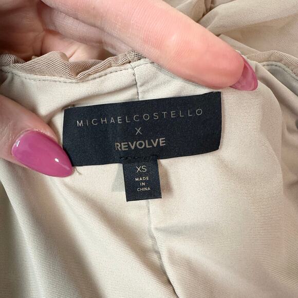 Michael Costello x REVOLVE Franky Mini Dress Mesh Ruched Long Sleeve, Taupe - Picture 11 of 14